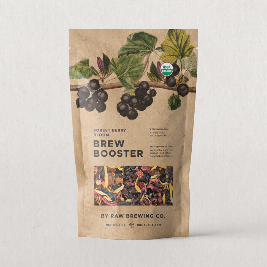 Product pouch of Forest Berry Bloom Brew Booster certified organic