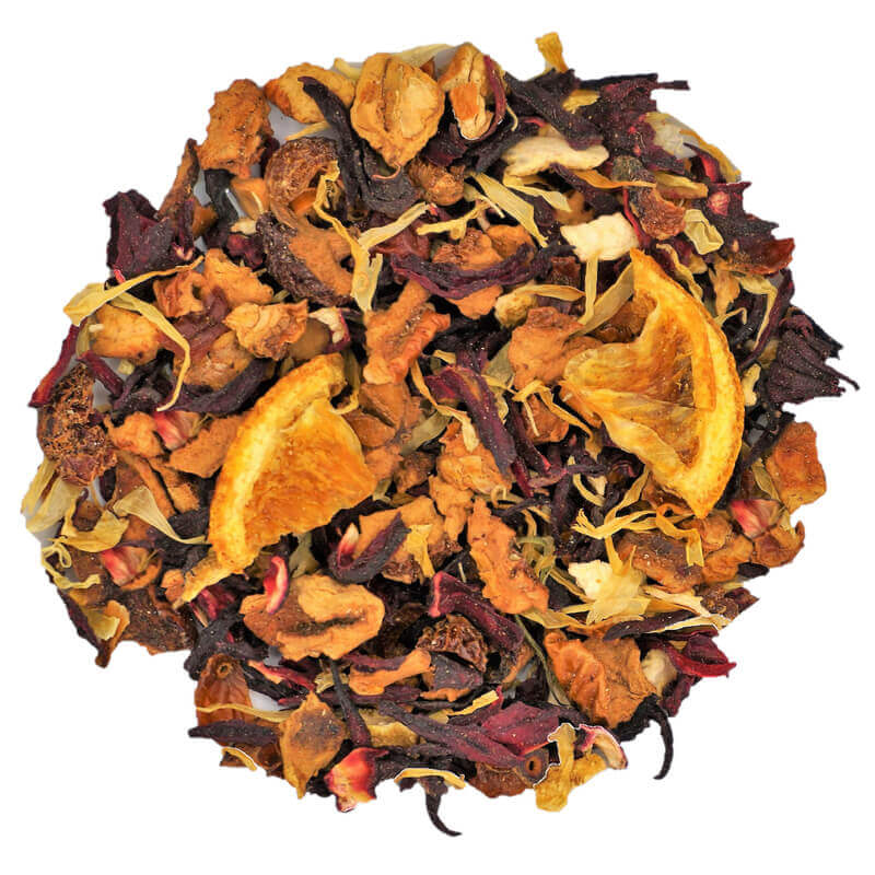 Loose citrus and floral blend with orange peel, hibiscus, rosehips and marigold