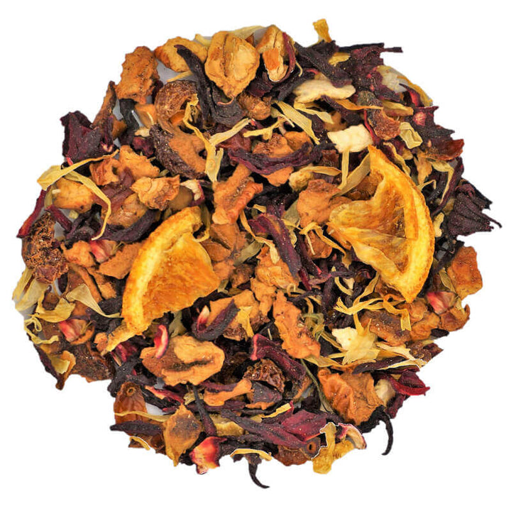 Loose citrus and floral blend with orange peel, hibiscus, rosehips and marigold
