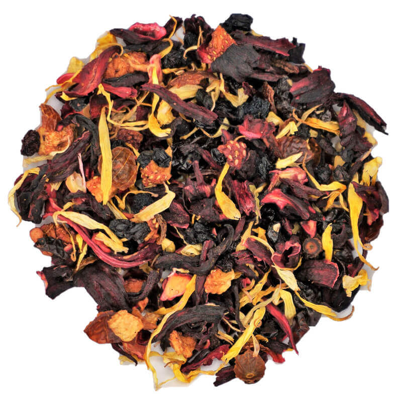 Loose leaf blend showing hibiscus elderberries currants and blueberries