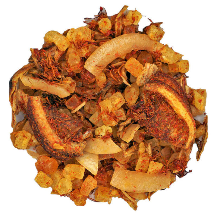 Loose blend showing pineapple, mango, passion fruit and roasted coconut pieces