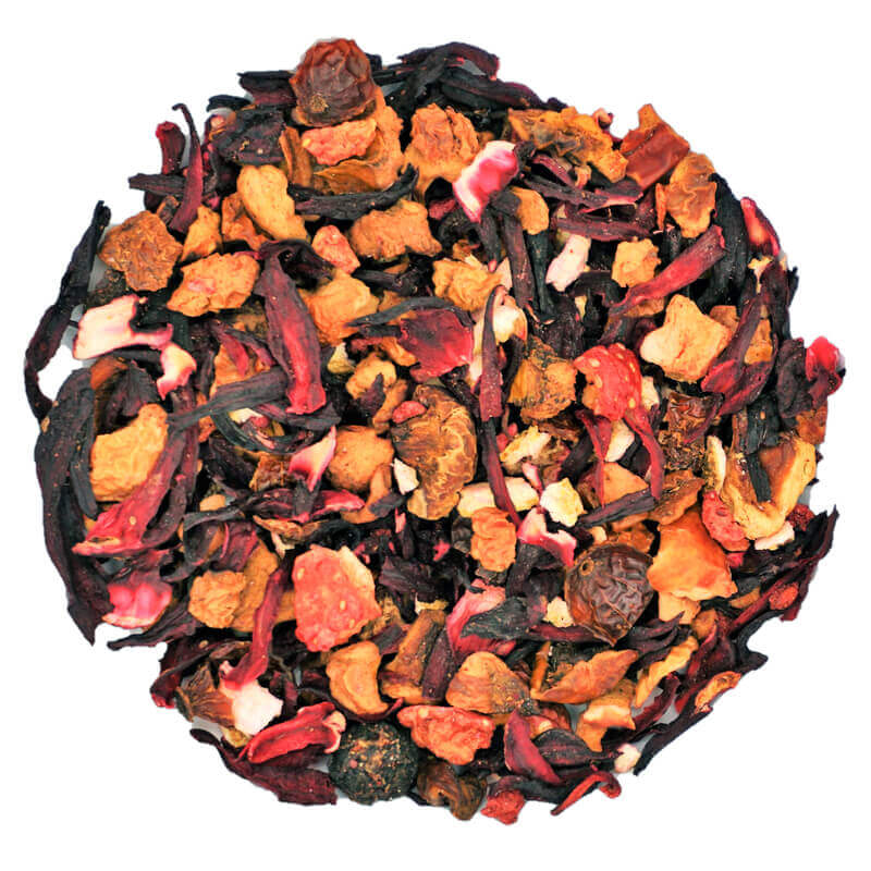 Close view of apple, hibiscus, rosehips, orange peel, strawberry and raspberry blend
