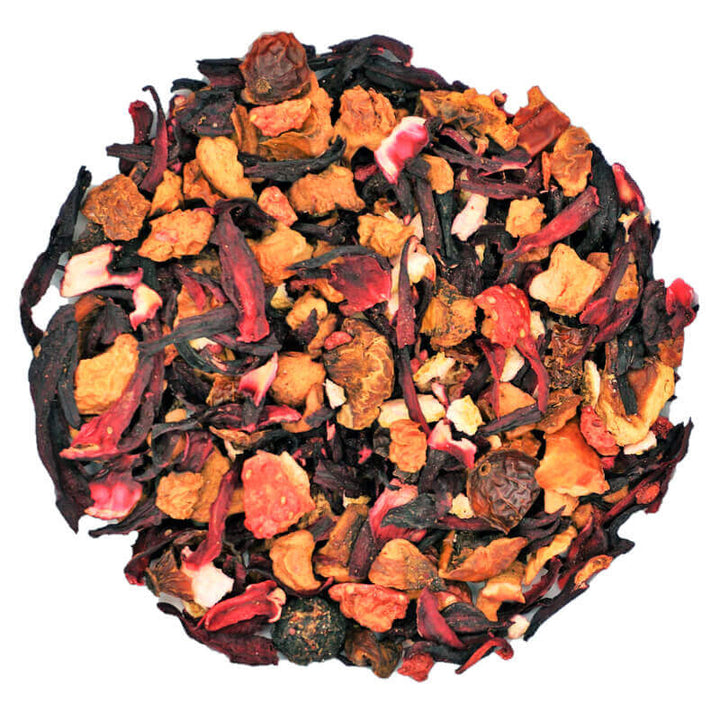 Close view of apple, hibiscus, rosehips, orange peel, strawberry and raspberry blend