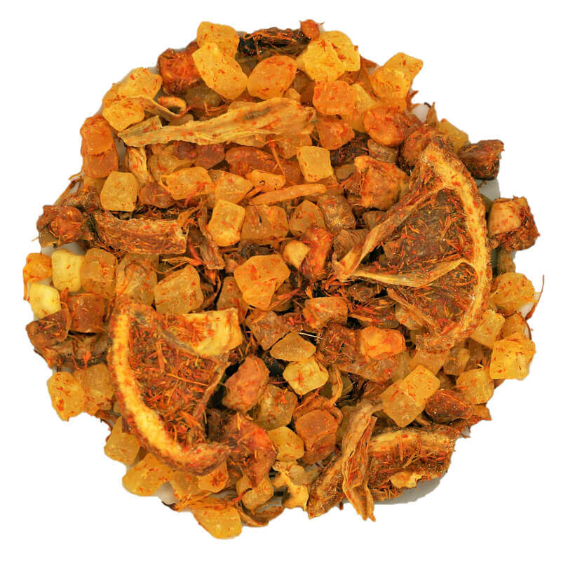 Loose blend of pineapple, papaya, mango, orange slices, hibiscus and safflowers for brewing kombucha