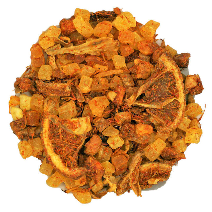 Loose blend of pineapple, papaya, mango, orange slices, hibiscus and safflowers for brewing kombucha