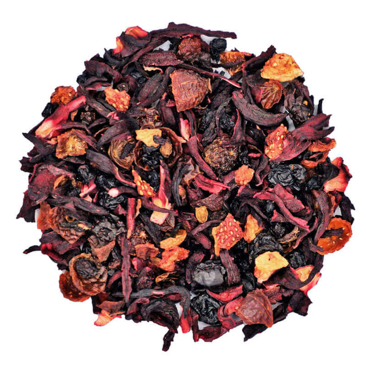 Close view of hibiscus, elderberries, currants and rosehips blend