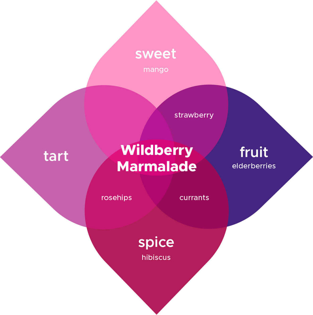 Graphic showing seven Wildberry Kombucha Flavoring blends