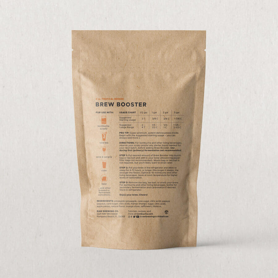 Package back showing ingredients for the tropical brew booster
