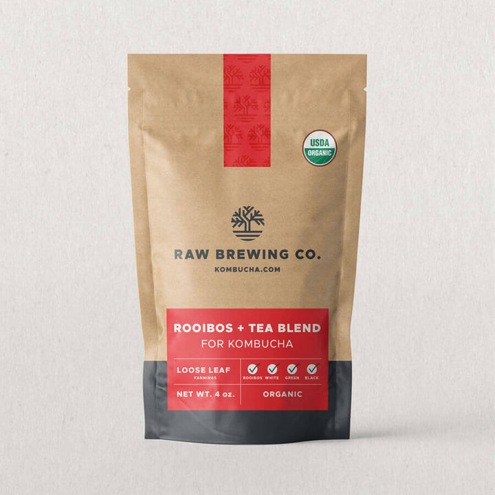 Product pouch of certified organic rooibos plus mixed teas for kombucha brewing