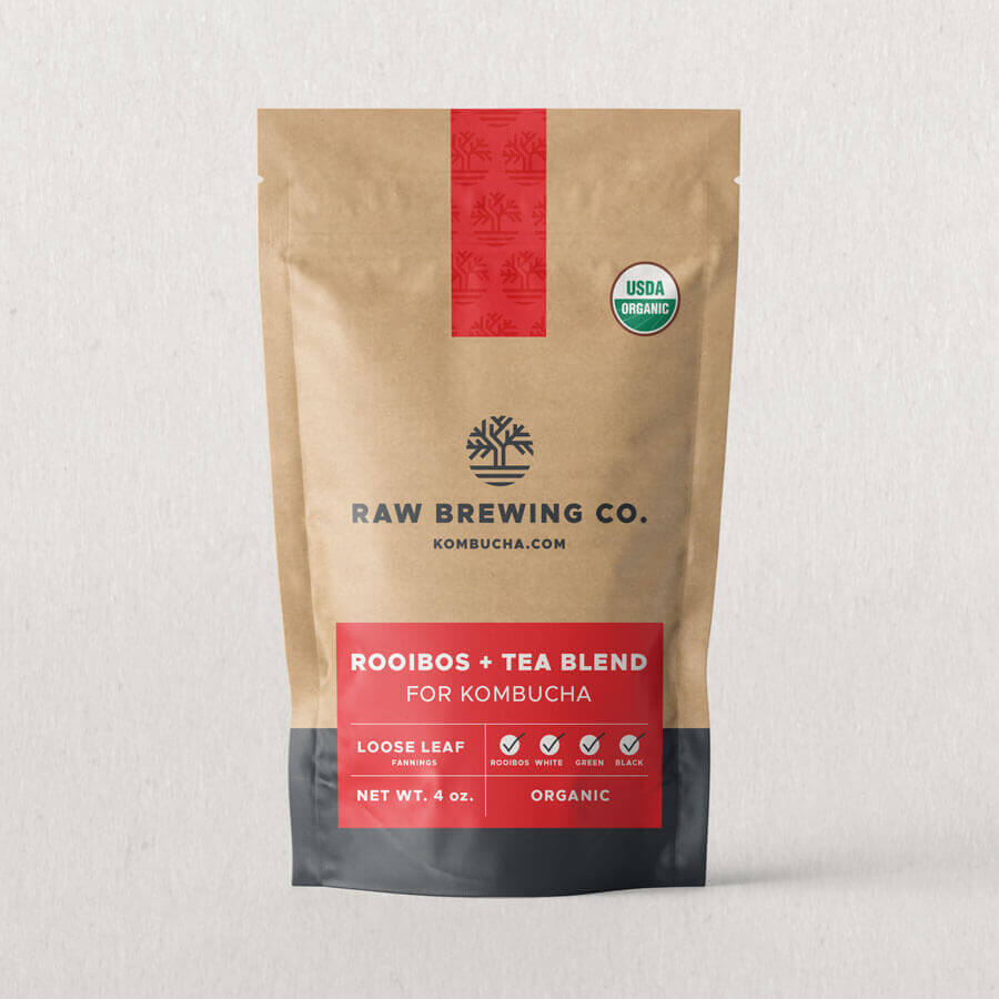 Product pouch of certified organic rooibos plus mixed teas for kombucha brewing